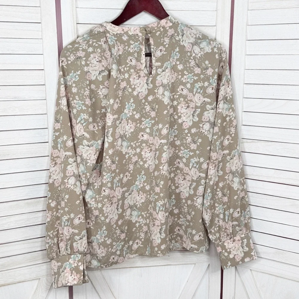 Cottagecore Floral‎ Gathered Mock Neck Pullover Blouse Tan Pink XL Long Sleeve